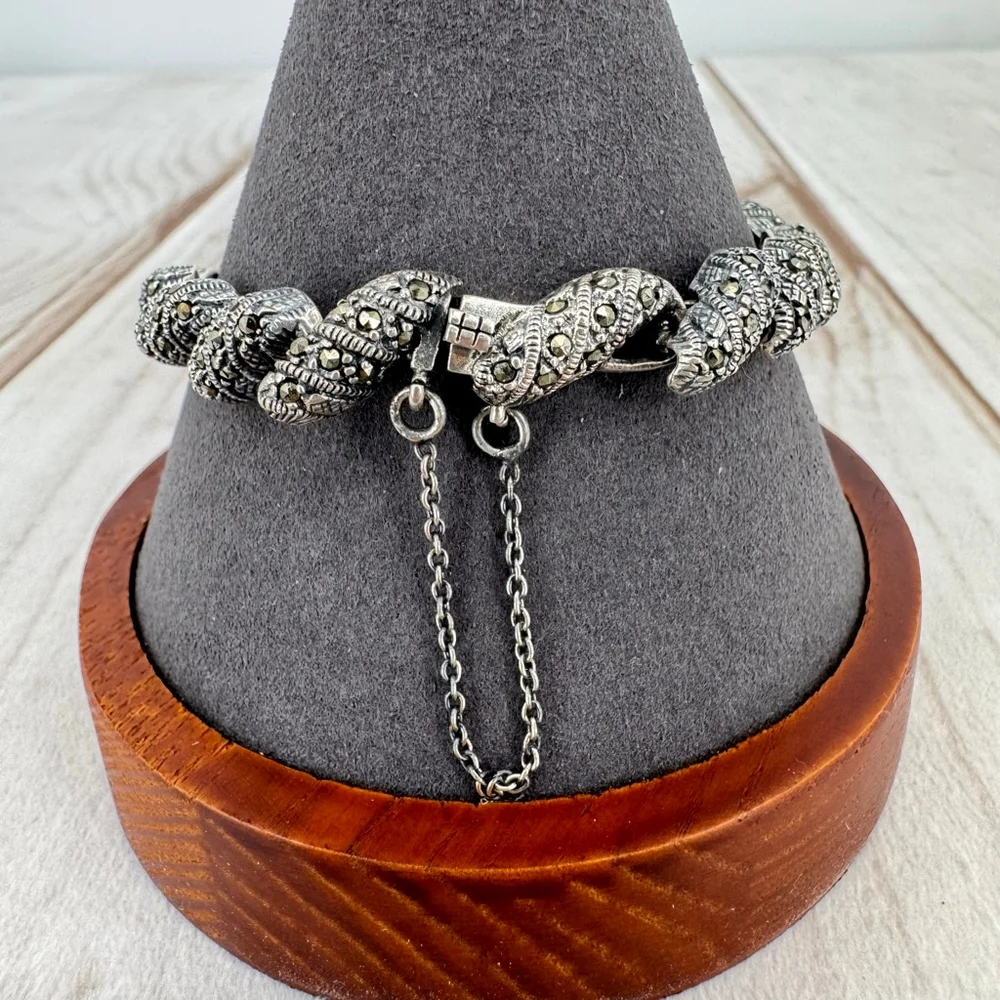Sterling Silver Marcasite Link Bracelet Stamped 925 Vintage Estate Jewelry